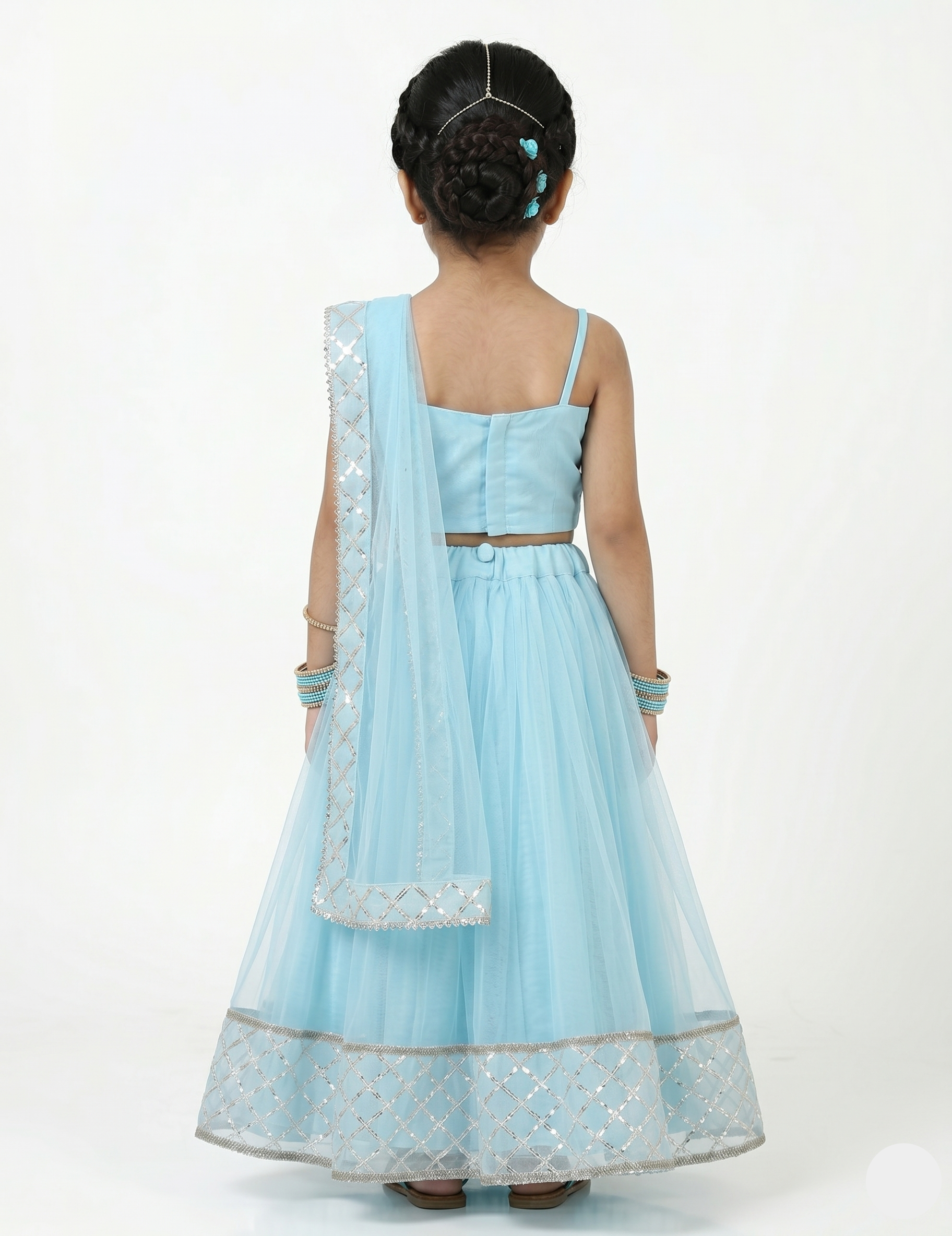 Girls Blue Net Lehenga Choli with Gota Patti Work | Kids Indian Festive Dress