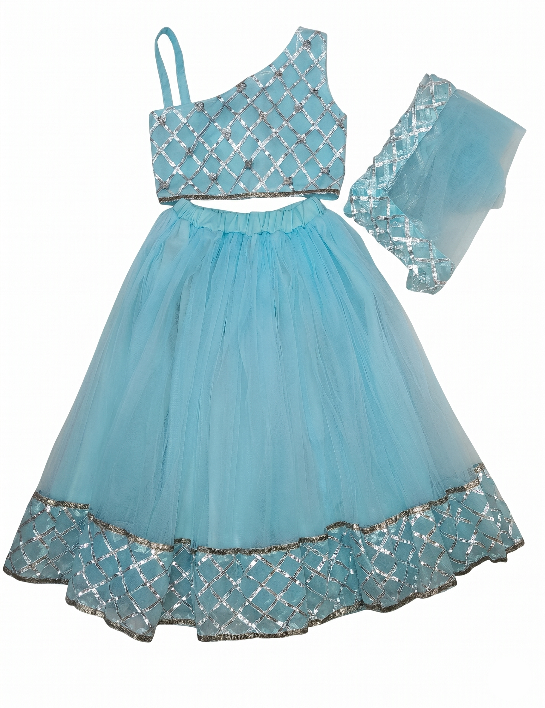 Girls Blue Net Lehenga Choli with Gota Patti Work | Kids Indian Festive Dress