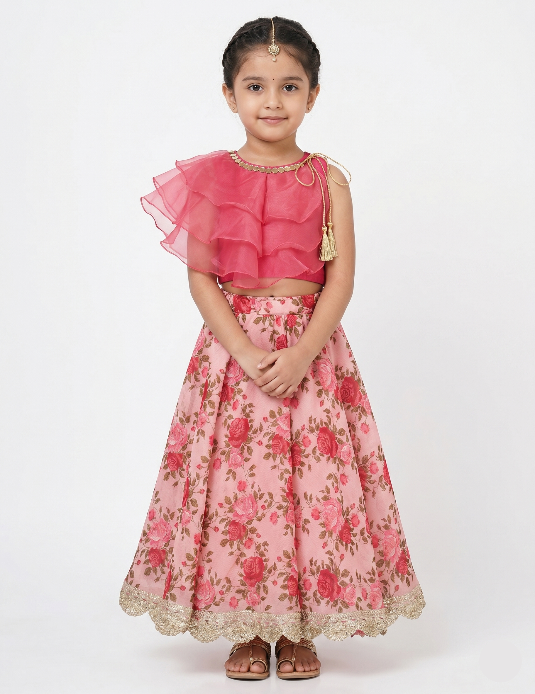 Girls' Red Ruffle Choli and Floral Lehenga Set | Kids' Indo-Western Party Dress