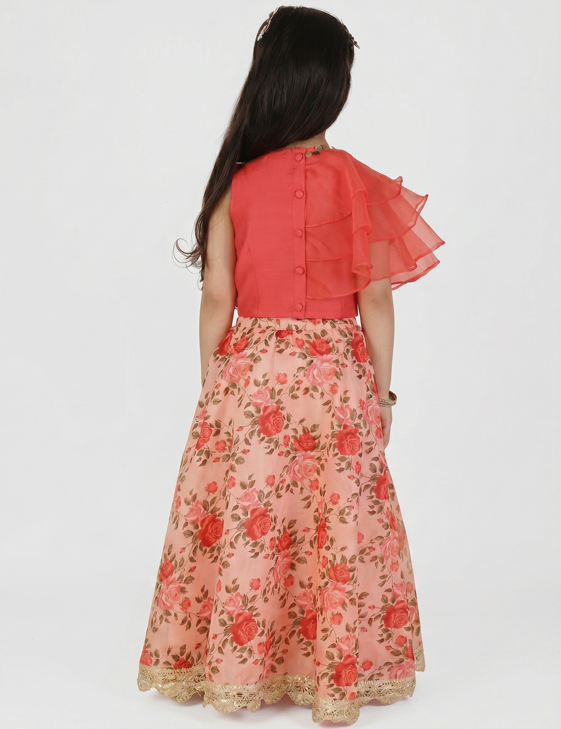 Girls' Red Ruffle Choli and Floral Lehenga Set | Kids' Indo-Western Party Dress
