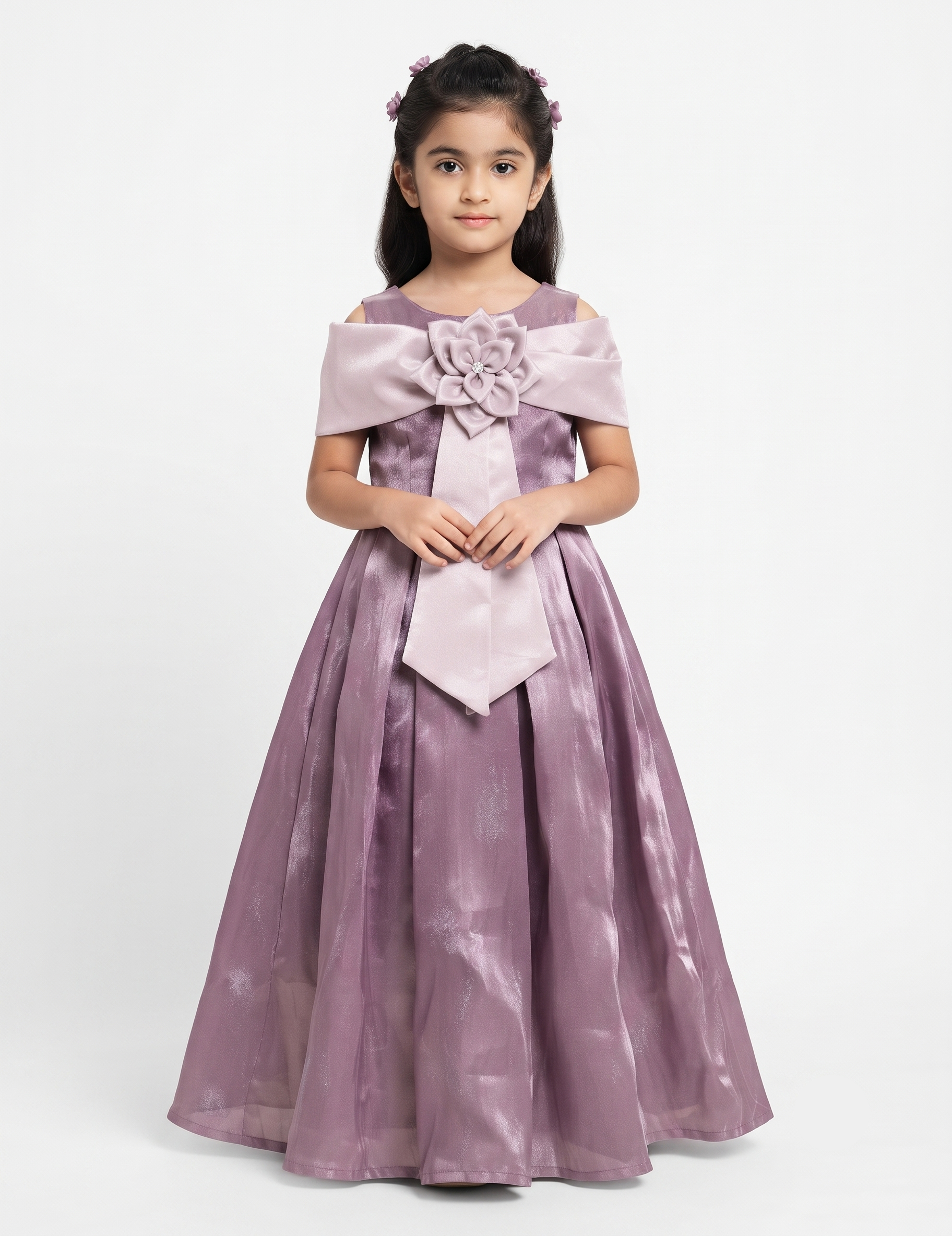 Girls' Off-Shoulder Formal Party Dress with Floral Detail - Mauve