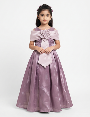 Girls' Off-Shoulder Formal Party Dress with Floral Detail - Mauve
