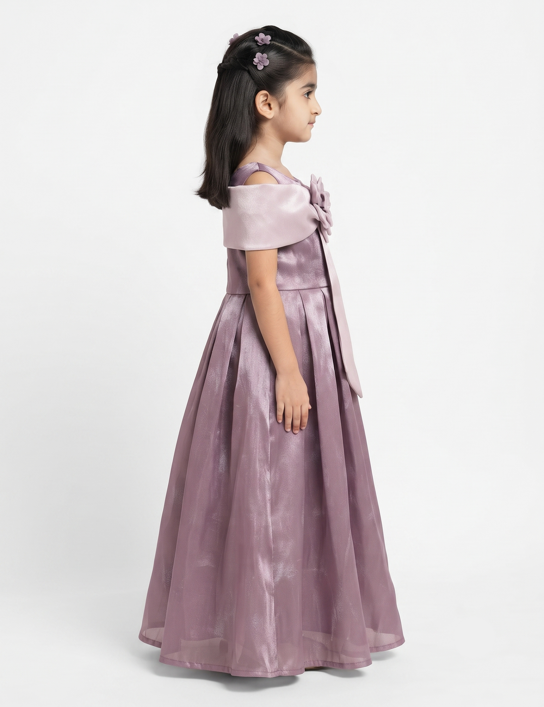 Girls' Off-Shoulder Formal Party Dress with Floral Detail - Mauve