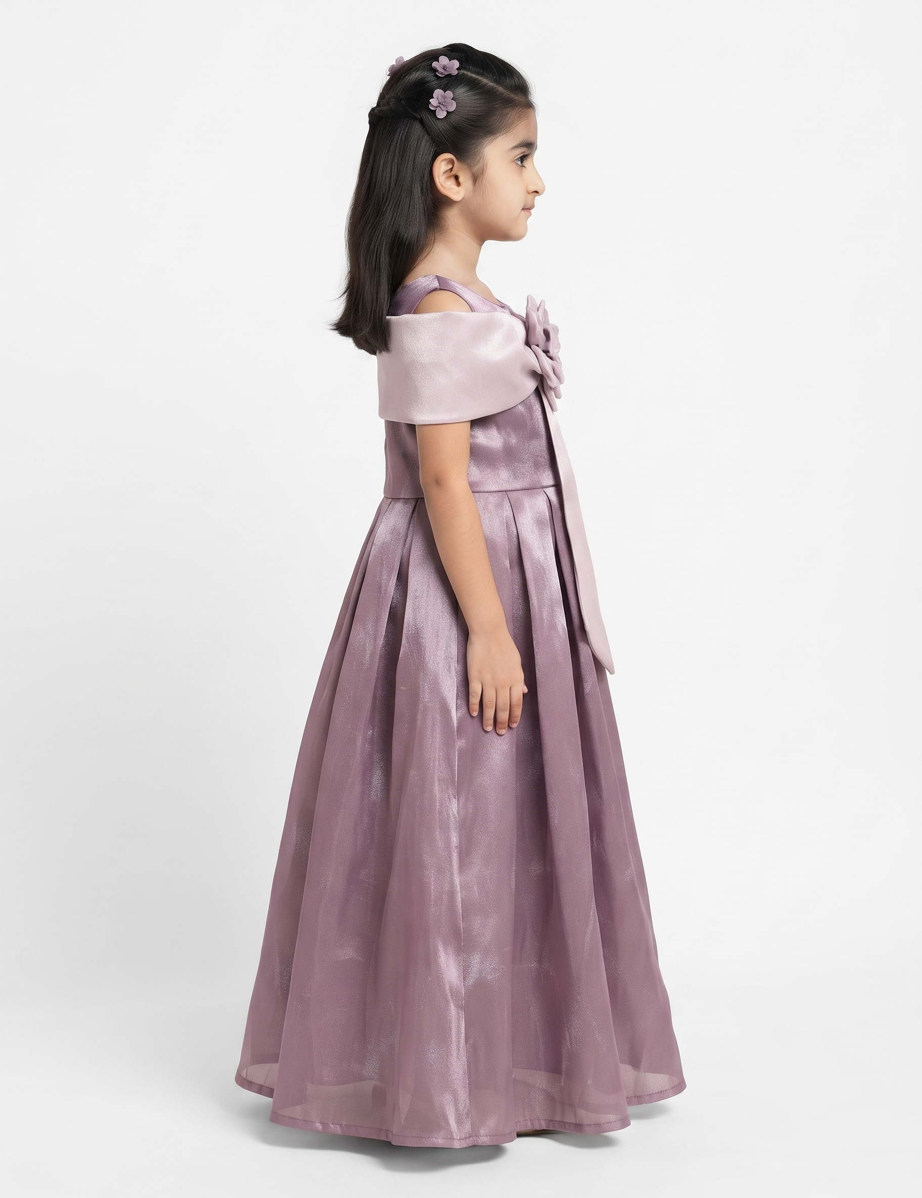 Girls' Off-Shoulder Formal Party Dress with Floral Detail - Mauve