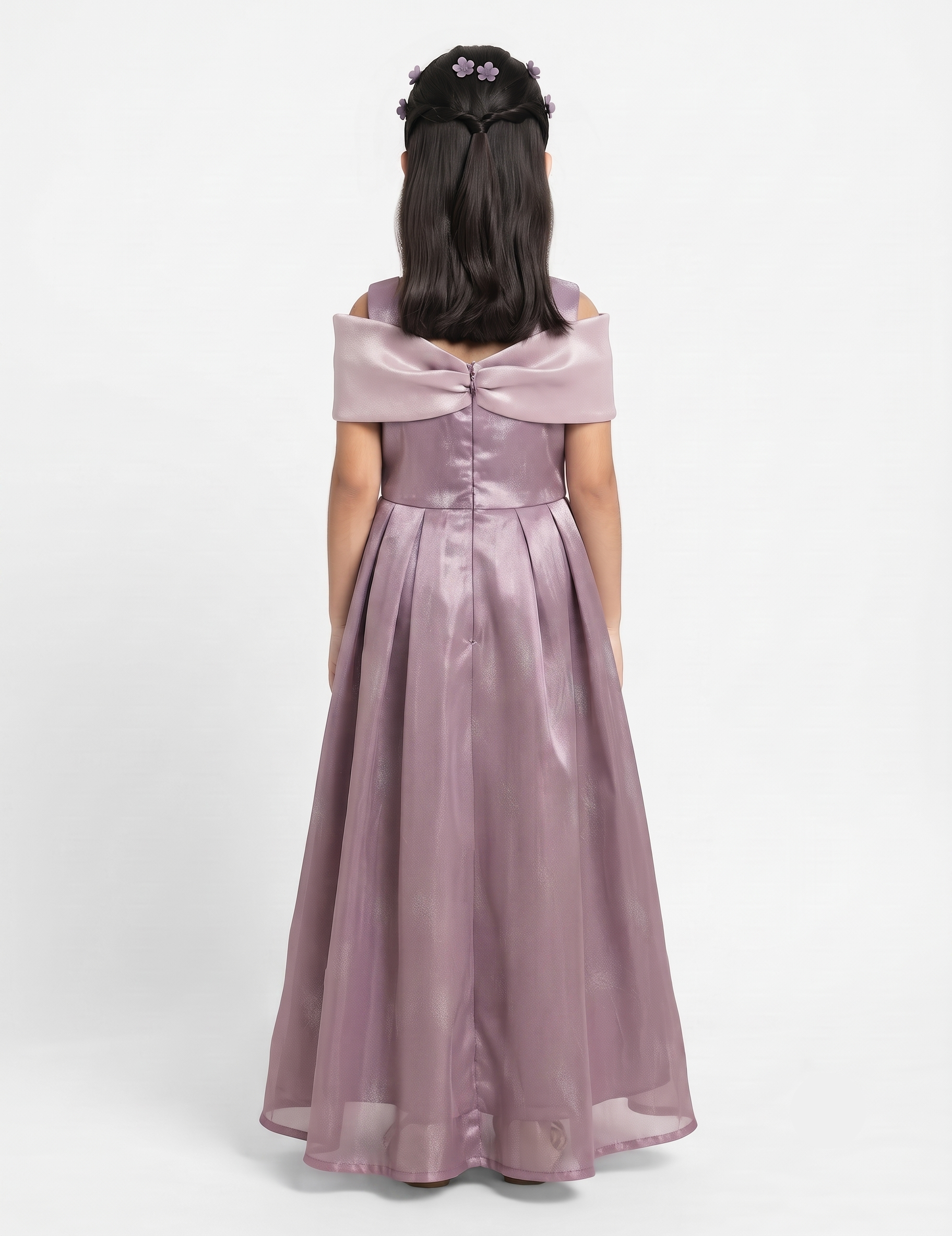 Girls' Off-Shoulder Formal Party Dress with Floral Detail - Mauve