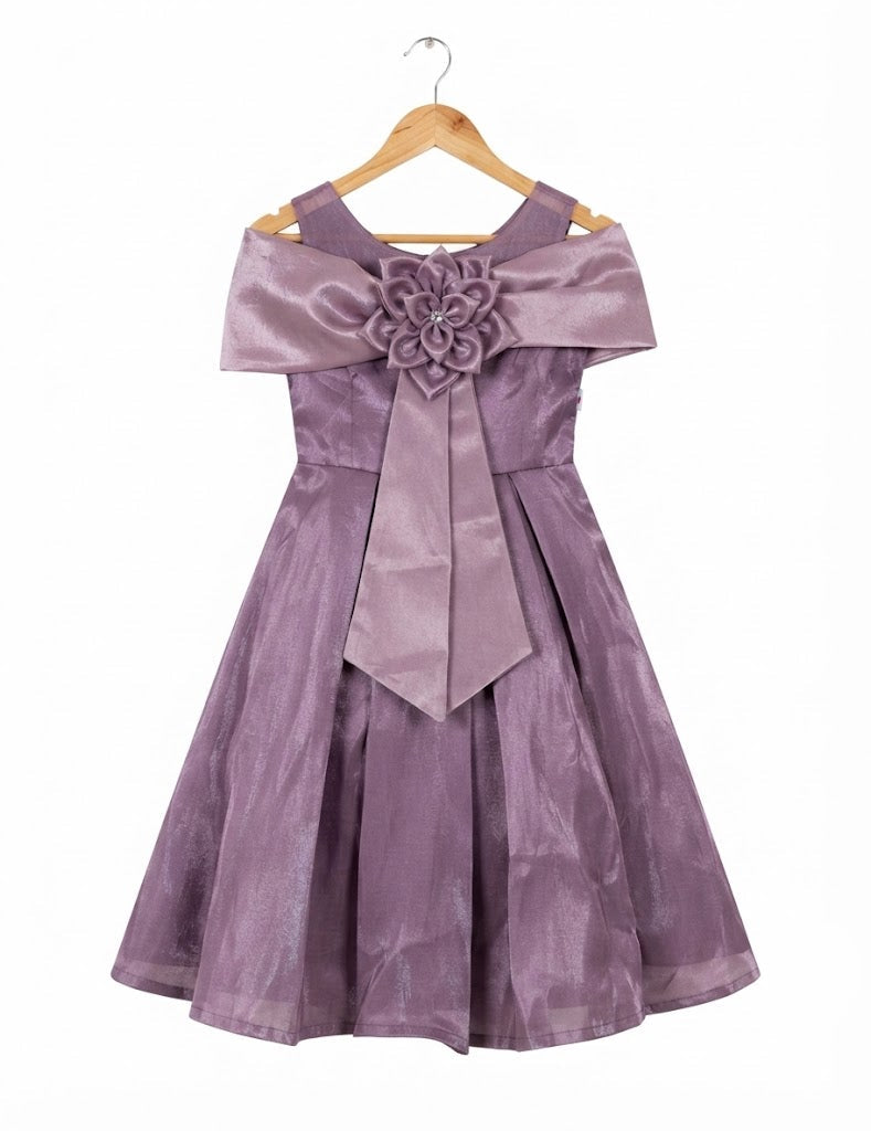 Girls' Off-Shoulder Formal Party Dress with Floral Detail - Mauve