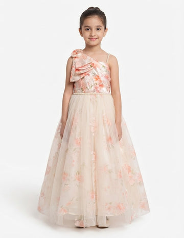 Girls' Floral Print One-Shoulder Party Dress with Pearl Waistline