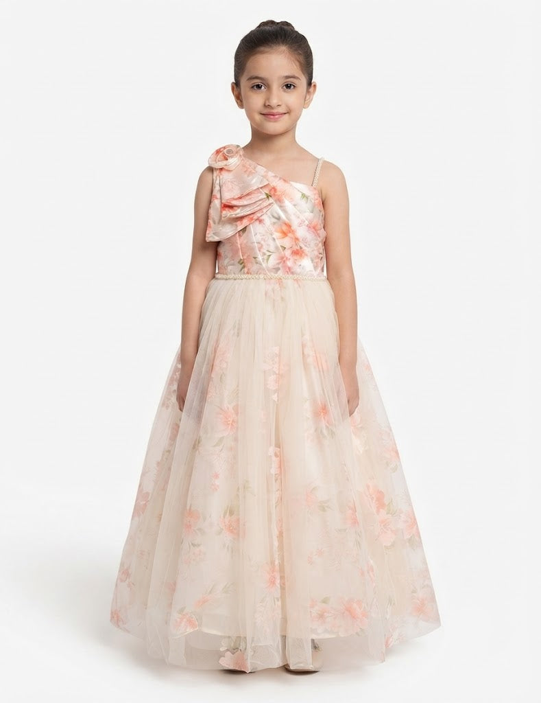 Girls' Floral Print One-Shoulder Party Dress with Pearl Waistline