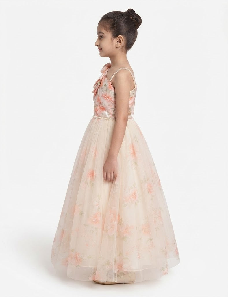 Girls' Floral Print One-Shoulder Party Dress with Pearl Waistline