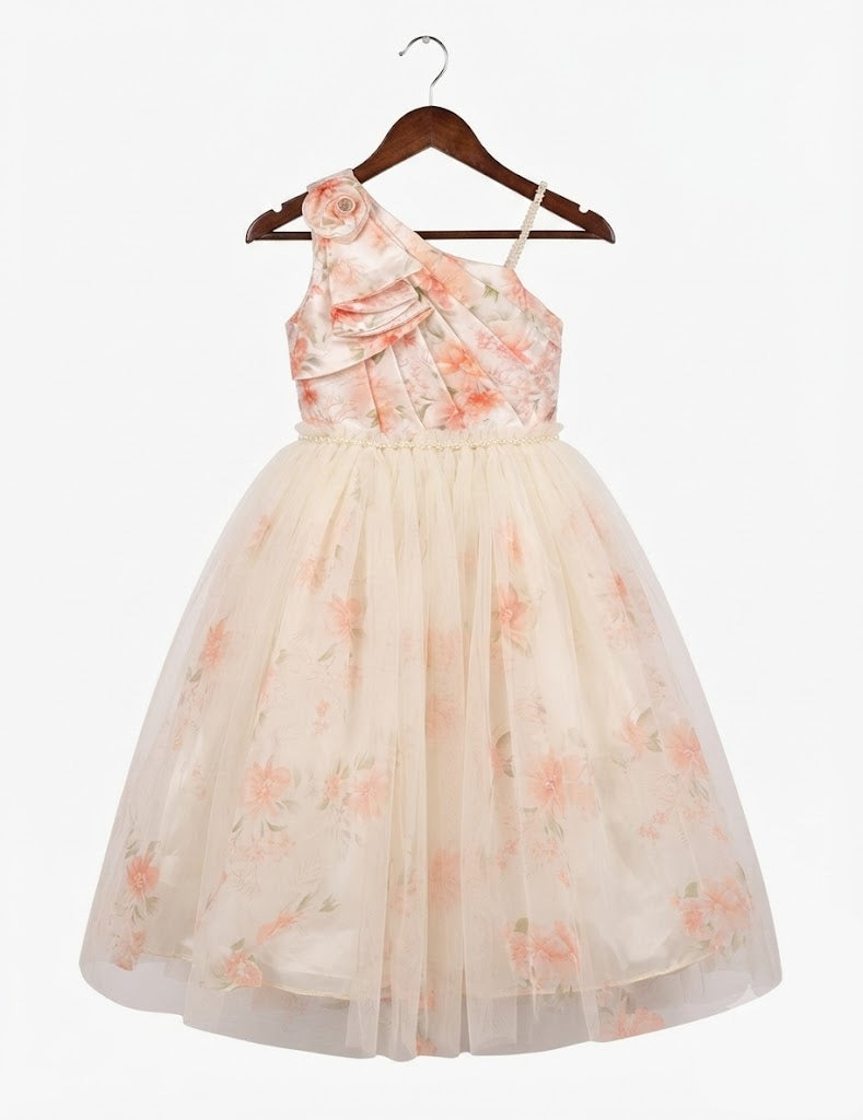 Girls' Floral Print One-Shoulder Party Dress with Pearl Waistline