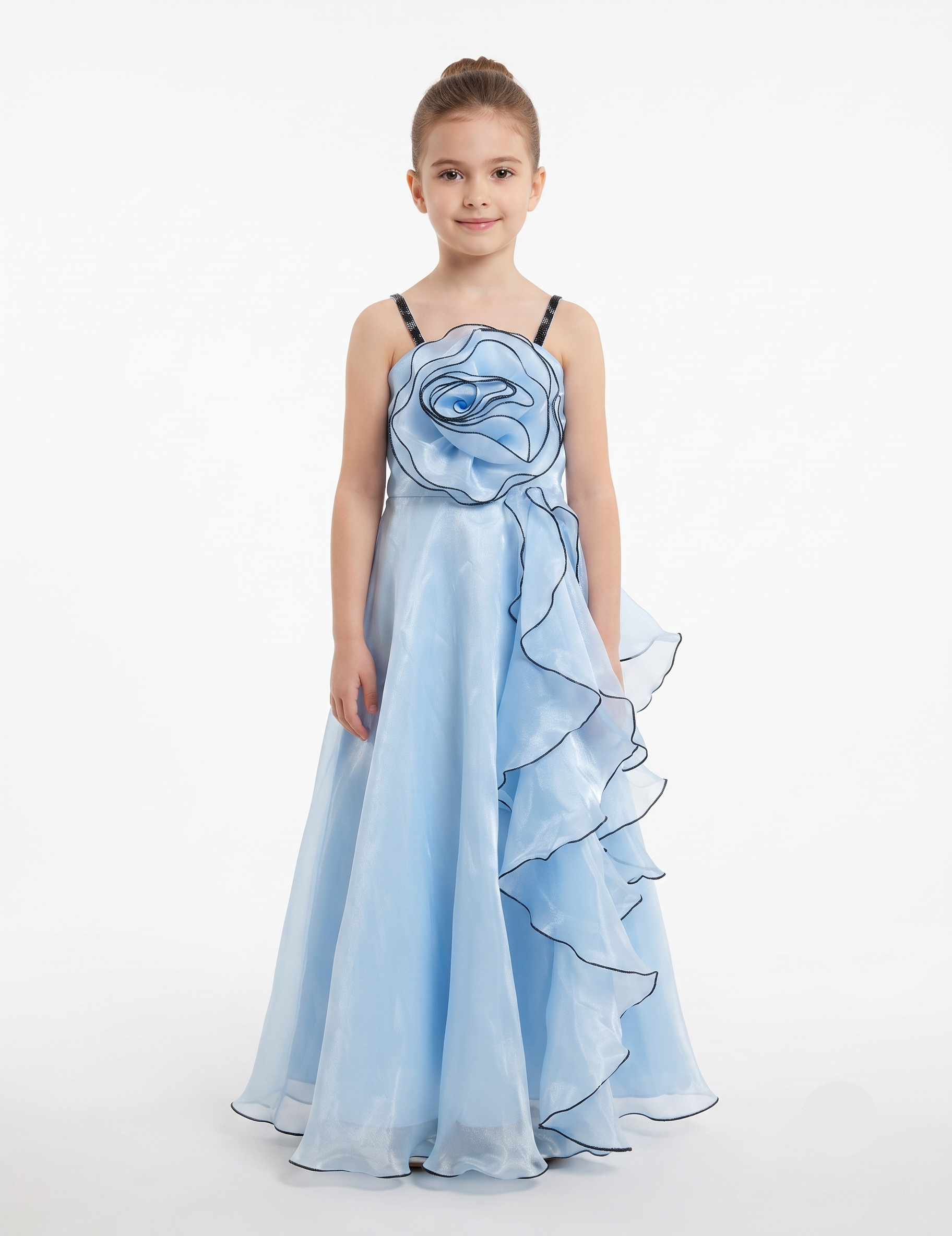 Girls' Sleeveless Ruffled Party Dress with Large Floral Appliqué - Blue