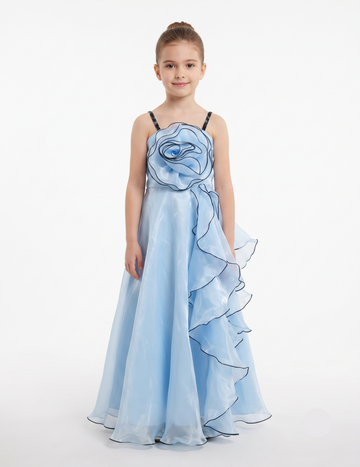 Girls' Sleeveless Ruffled Party Dress with Large Floral Appliqué - Blue