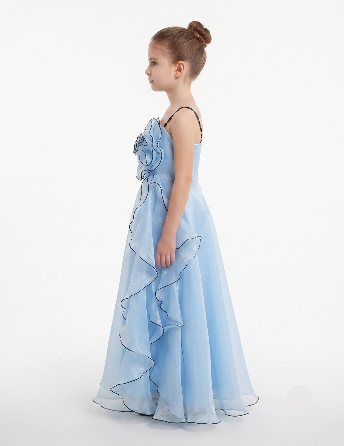 Girls' Sleeveless Ruffled Party Dress with Large Floral Appliqué - Blue