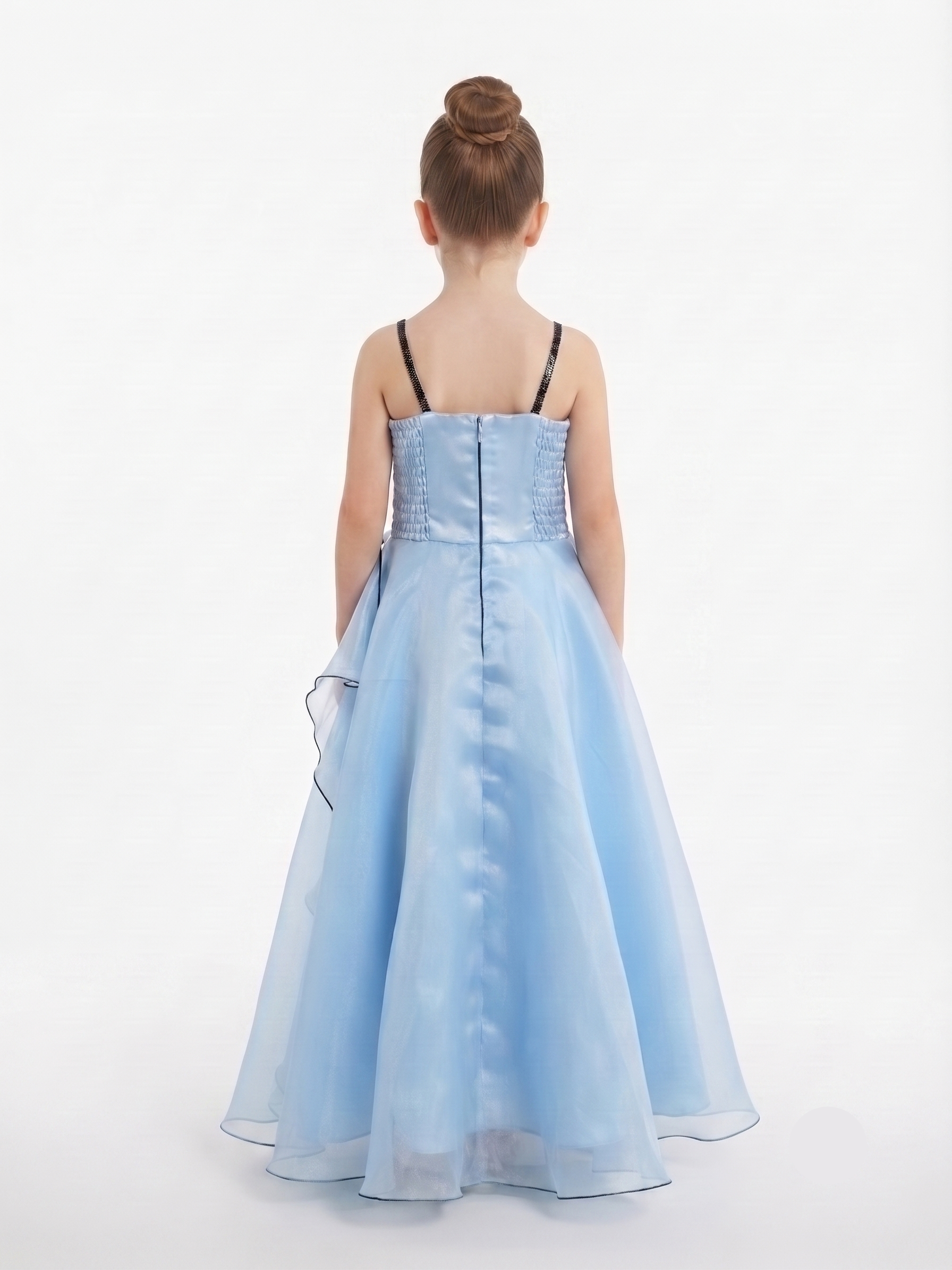 Girls' Sleeveless Ruffled Party Dress with Large Floral Appliqué - Blue