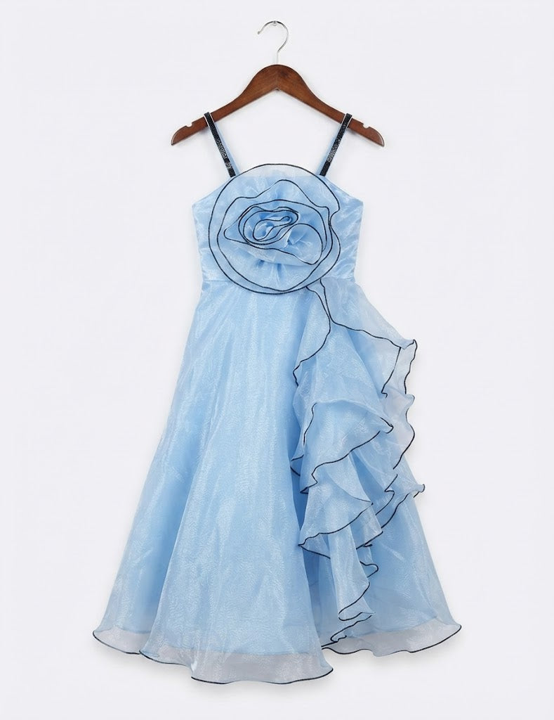 Girls' Sleeveless Ruffled Party Dress with Large Floral Appliqué - Blue