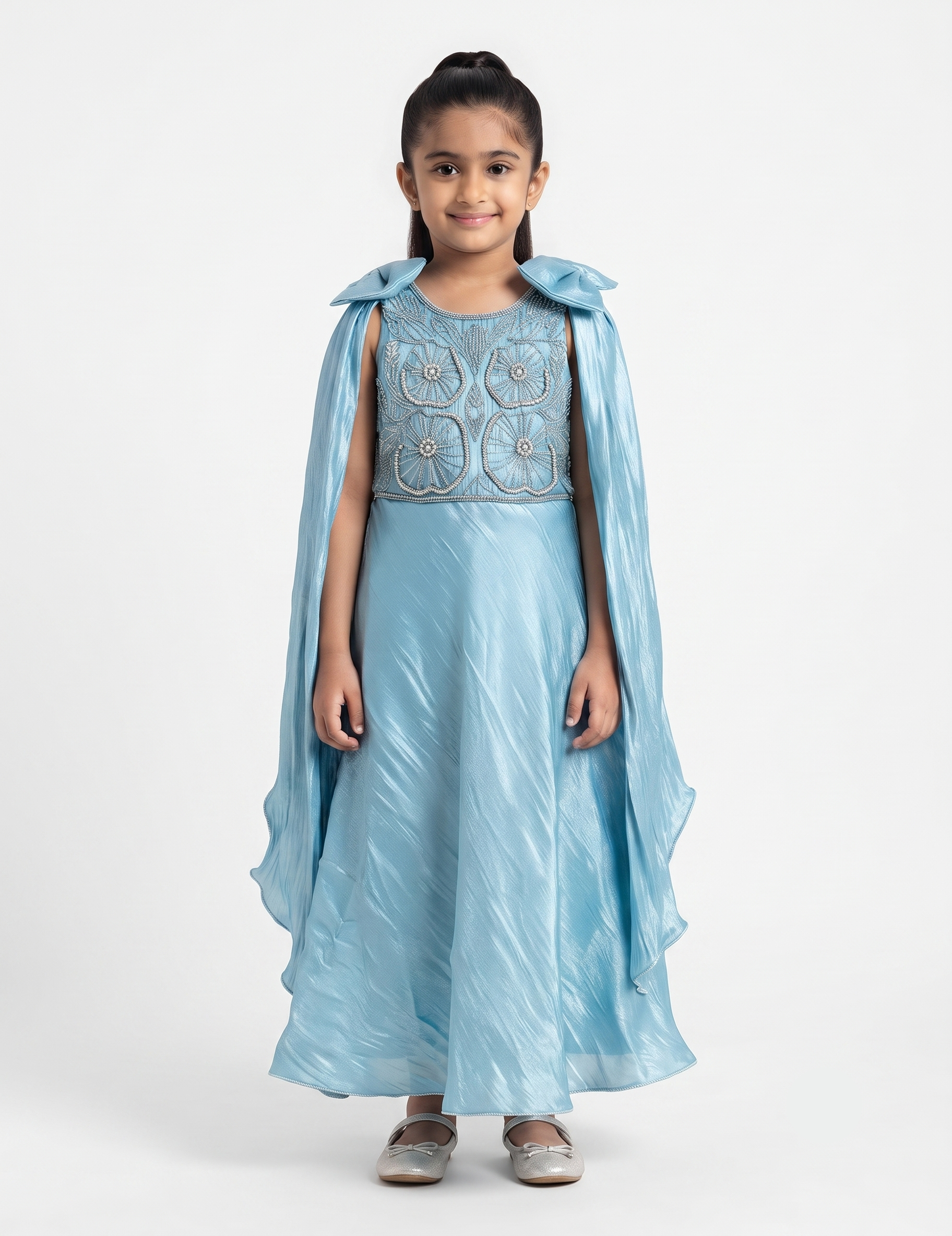 Girls' Embellished Bodice Formal Dress with Statement Drape Sleeves - Blue