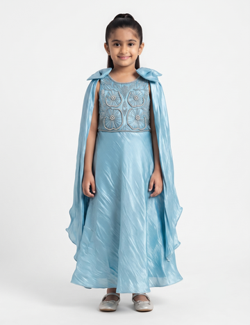 Girls' Embellished Bodice Formal Dress with Statement Drape Sleeves - Blue