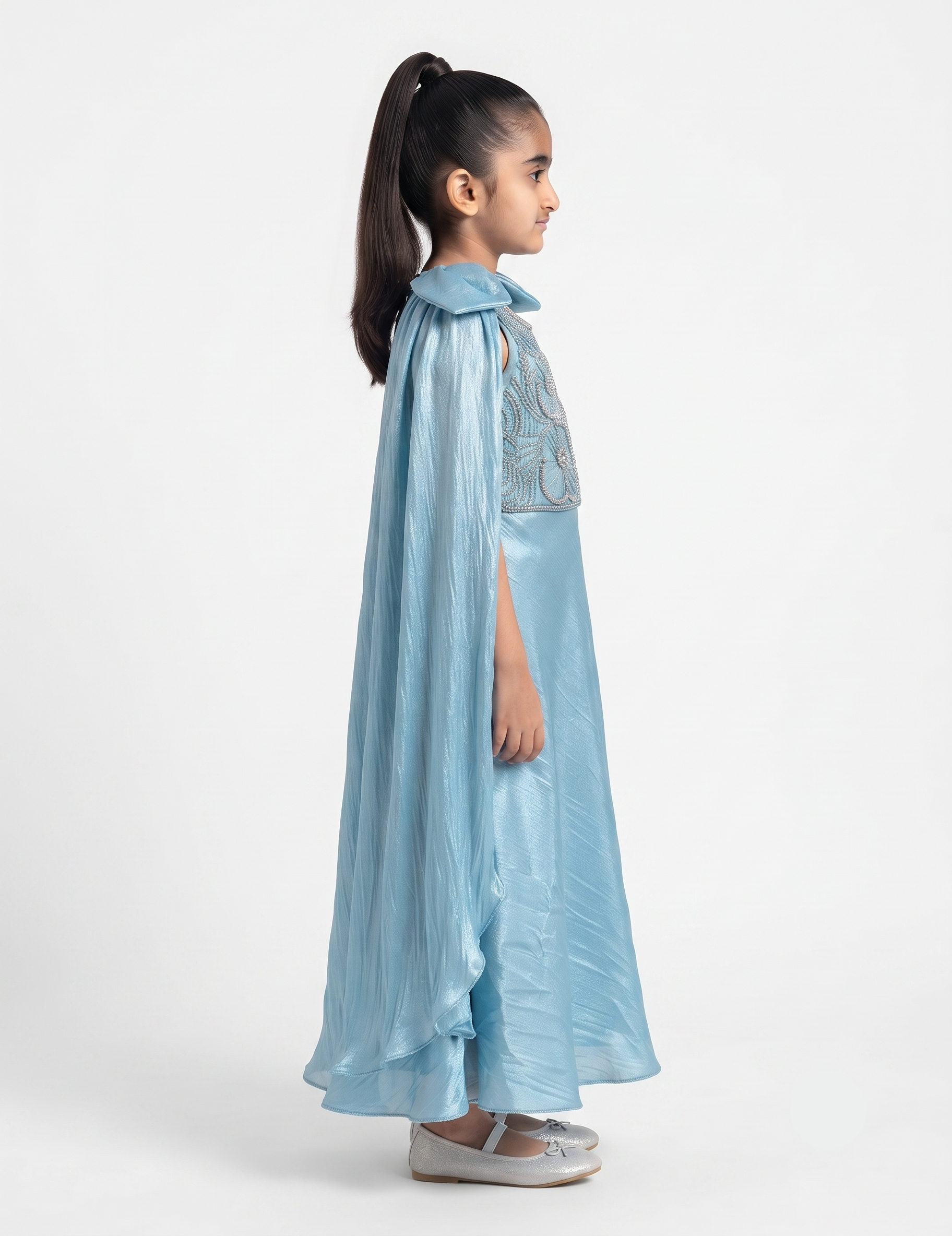 Girls' Embellished Bodice Formal Dress with Statement Drape Sleeves - Blue