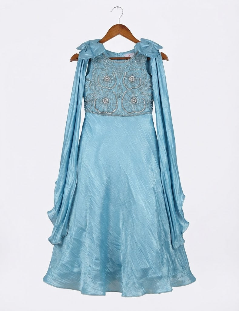 Girls' Embellished Bodice Formal Dress with Statement Drape Sleeves - Blue