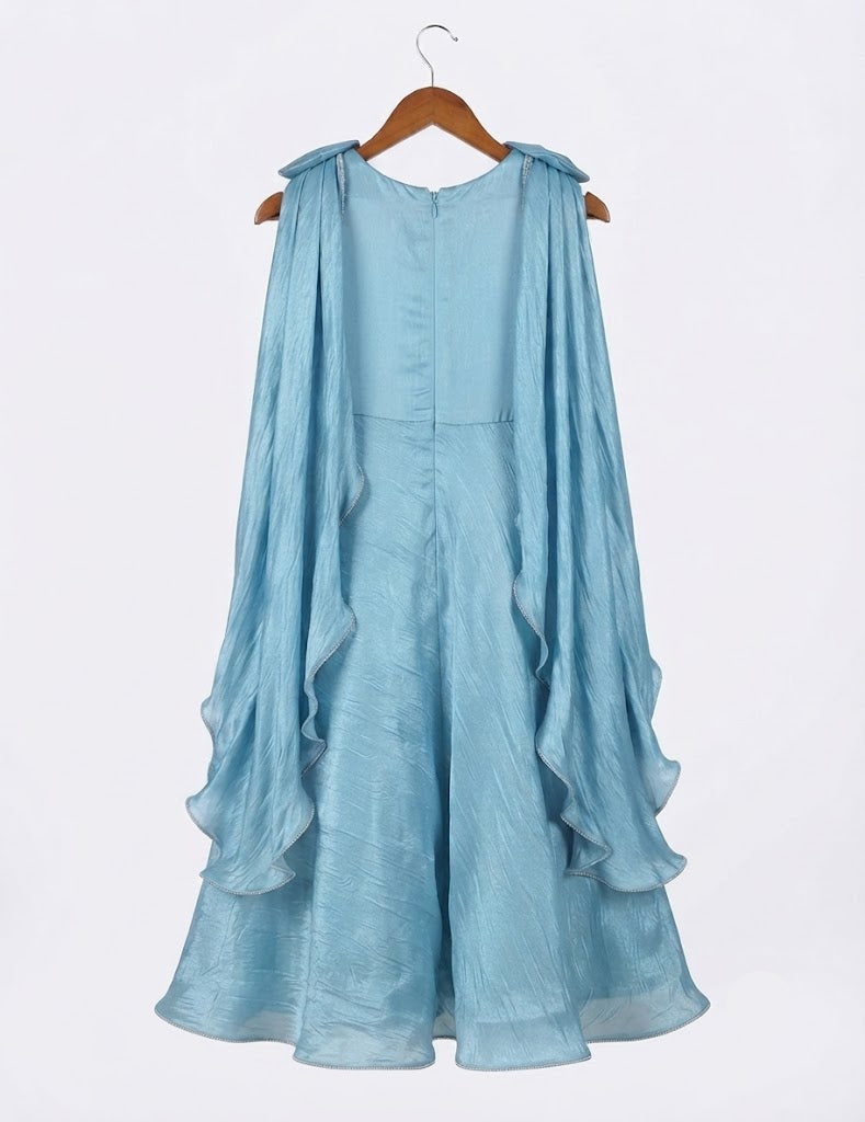 Girls' Embellished Bodice Formal Dress with Statement Drape Sleeves - Blue