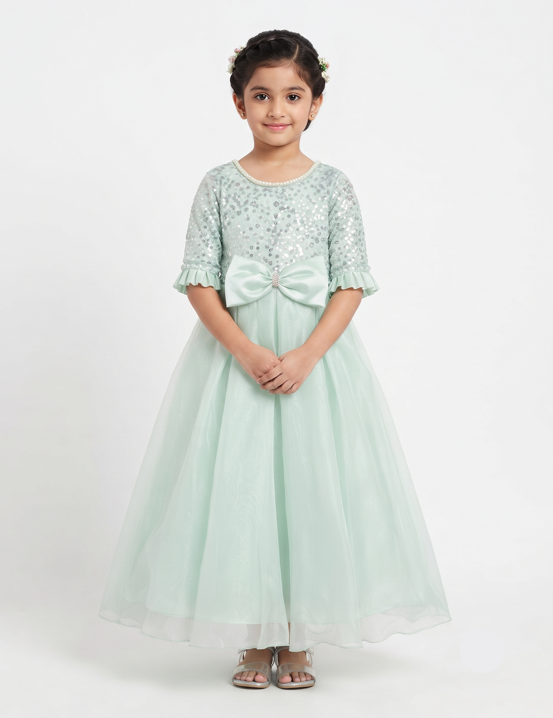 Mint Green Sequin Kids Party Dress with Bow and Ruffle Sleeves