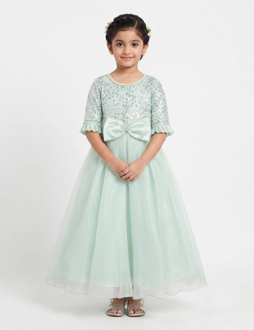 Mint Green Sequin Kids Party Dress with Bow and Ruffle Sleeves