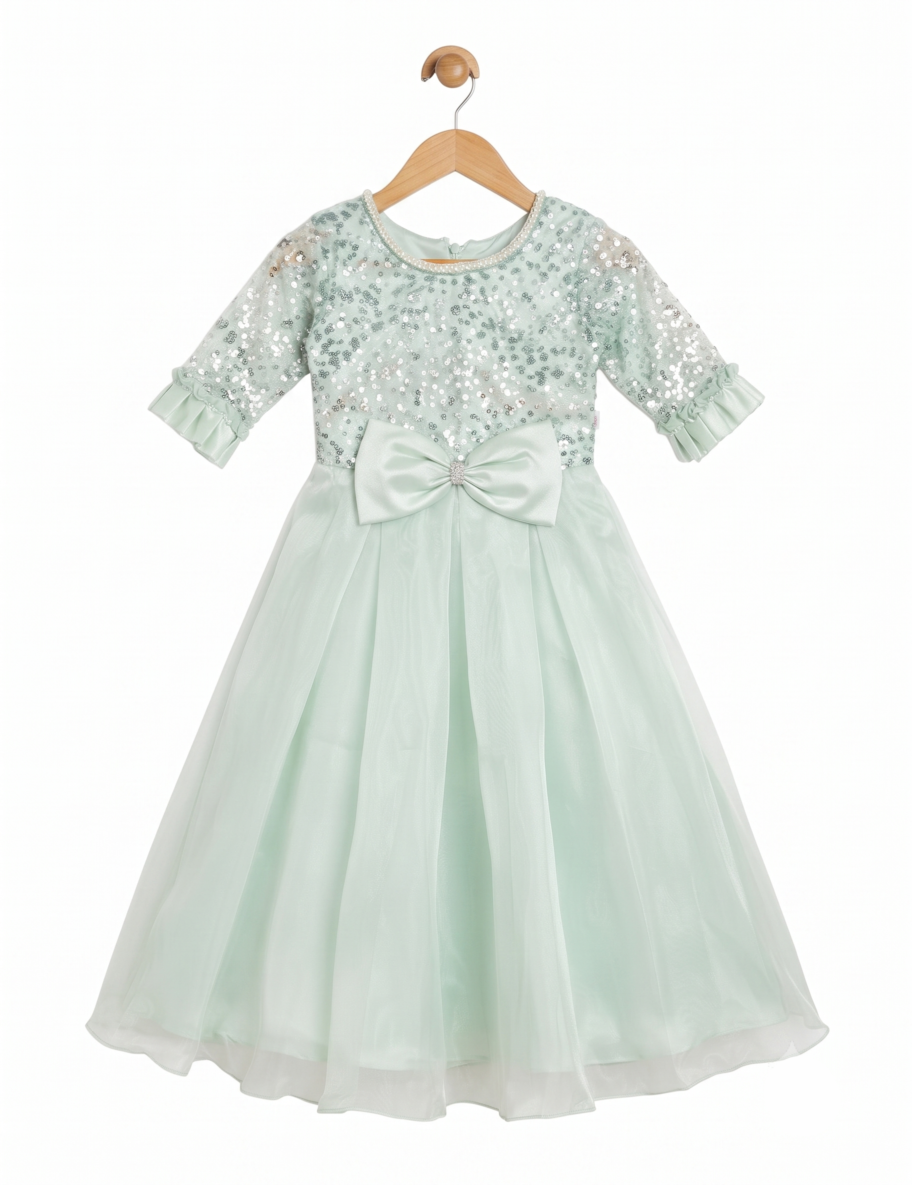 Mint Green Sequin Kids Party Dress with Bow and Ruffle Sleeves