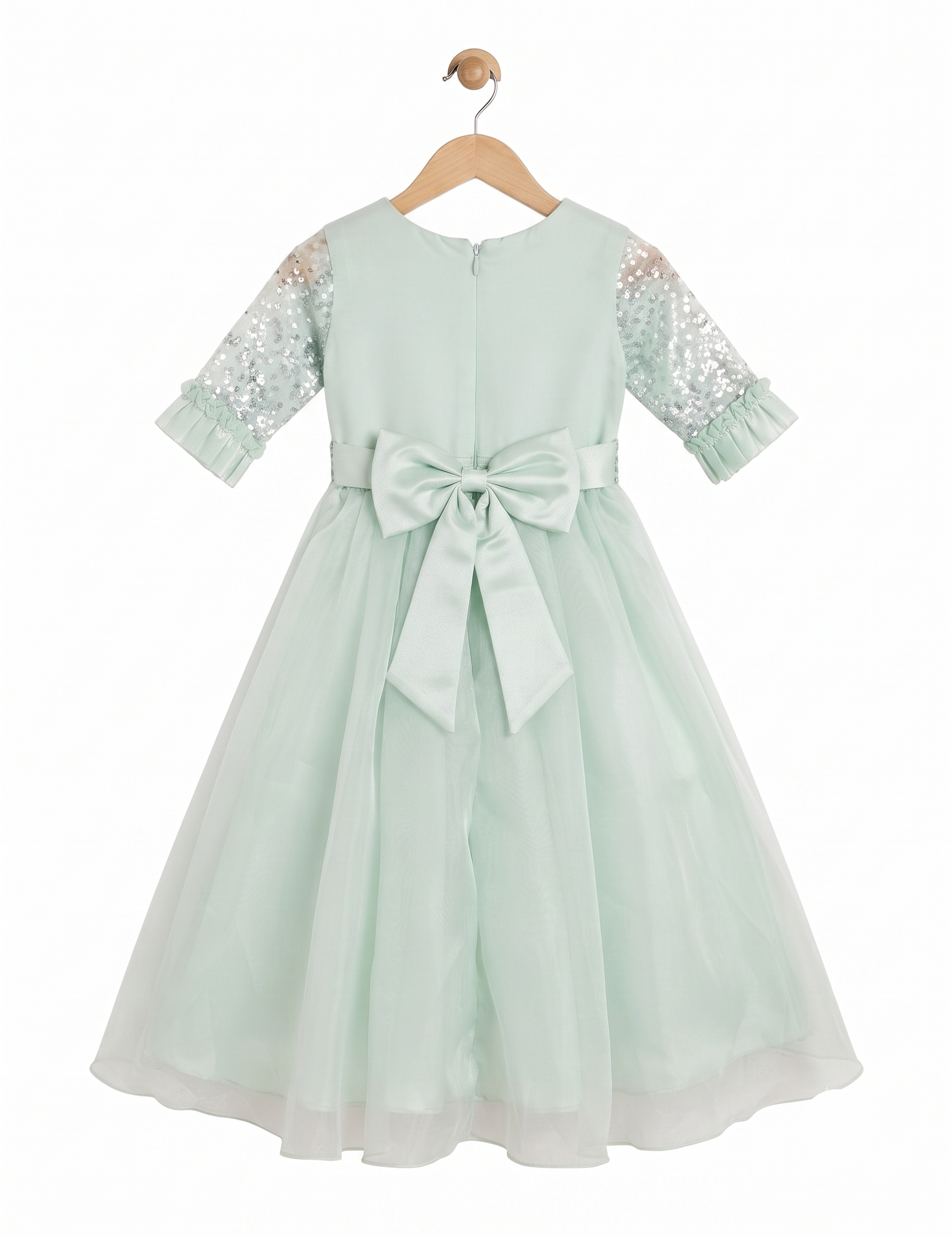 Mint Green Sequin Kids Party Dress with Bow and Ruffle Sleeves