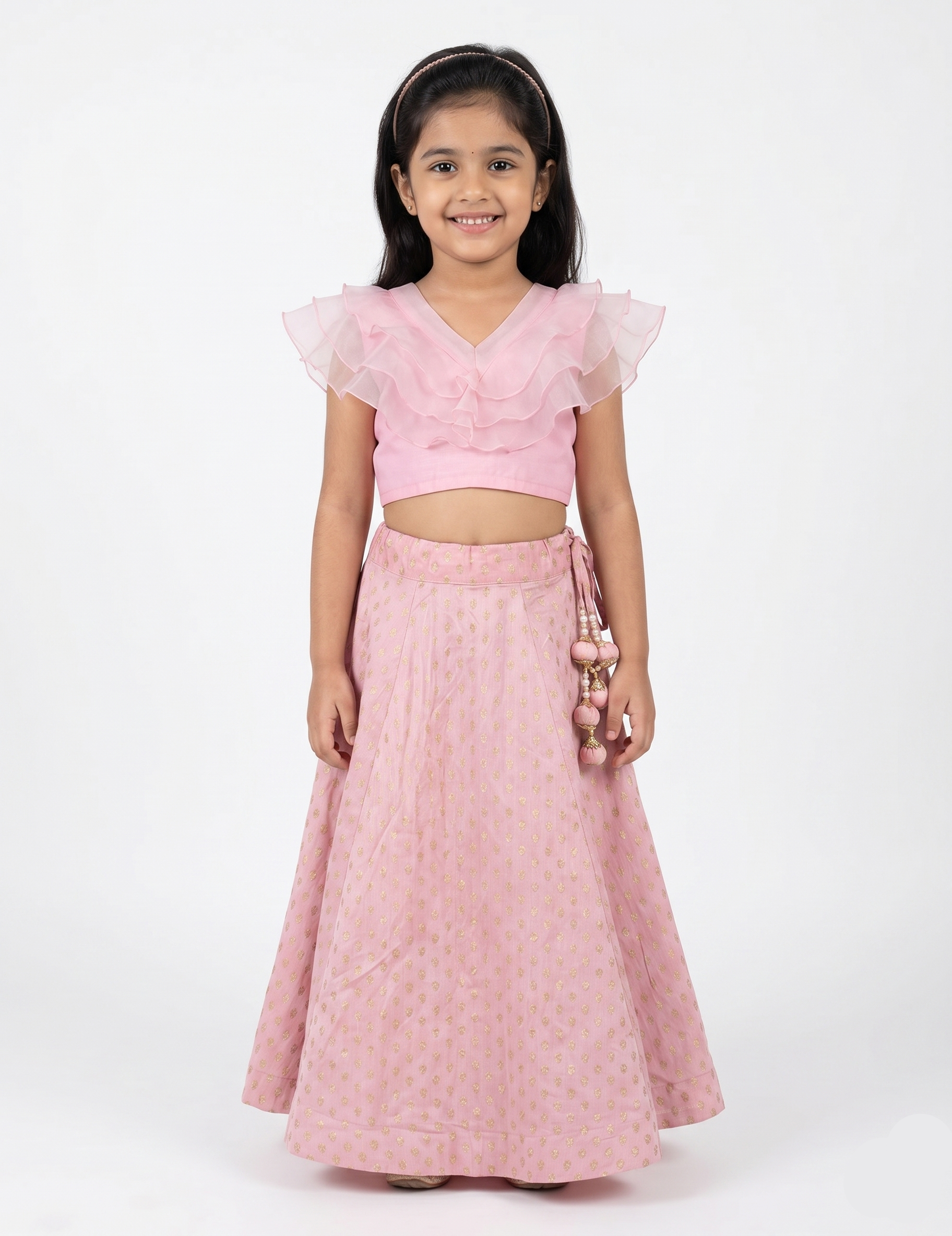 Girls' Pink Ruffled Top and Printed Lehenga Choli with Latkan Accents