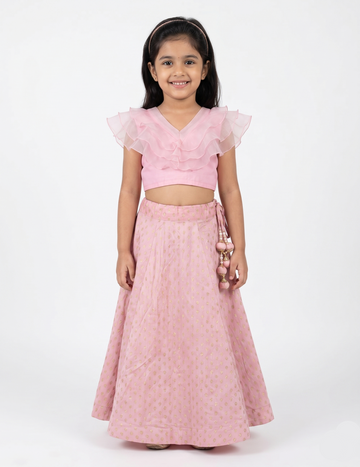 Girls' Pink Ruffled Top and Printed Lehenga Choli with Latkan Accents