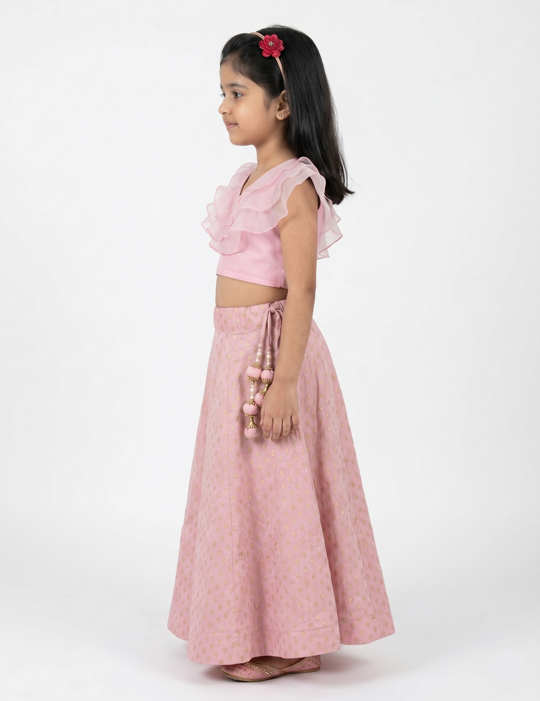 Girls' Pink Ruffled Top and Printed Lehenga Choli with Latkan Accents