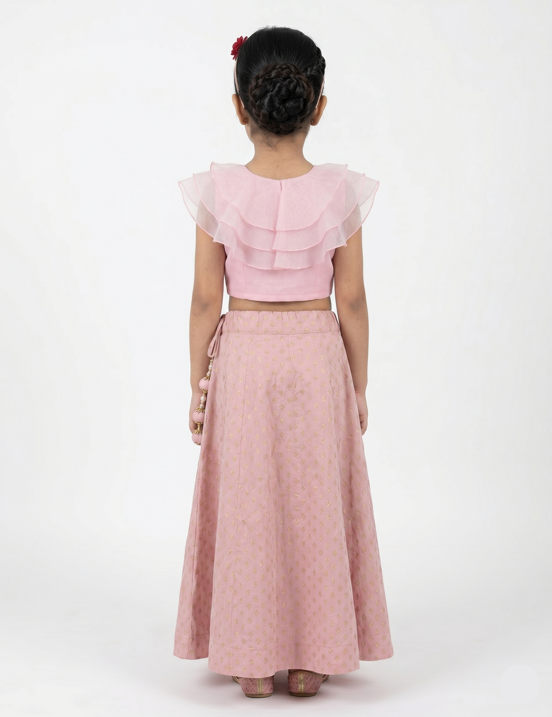 Girls' Pink Ruffled Top and Printed Lehenga Choli with Latkan Accents