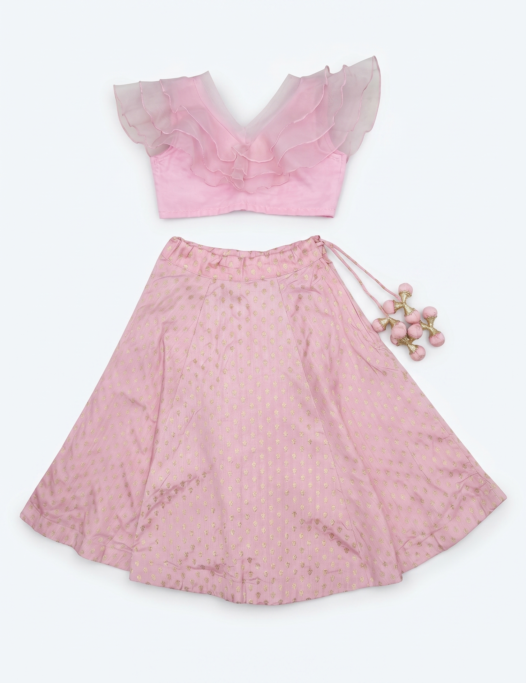 Girls' Pink Ruffled Top and Printed Lehenga Choli with Latkan Accents
