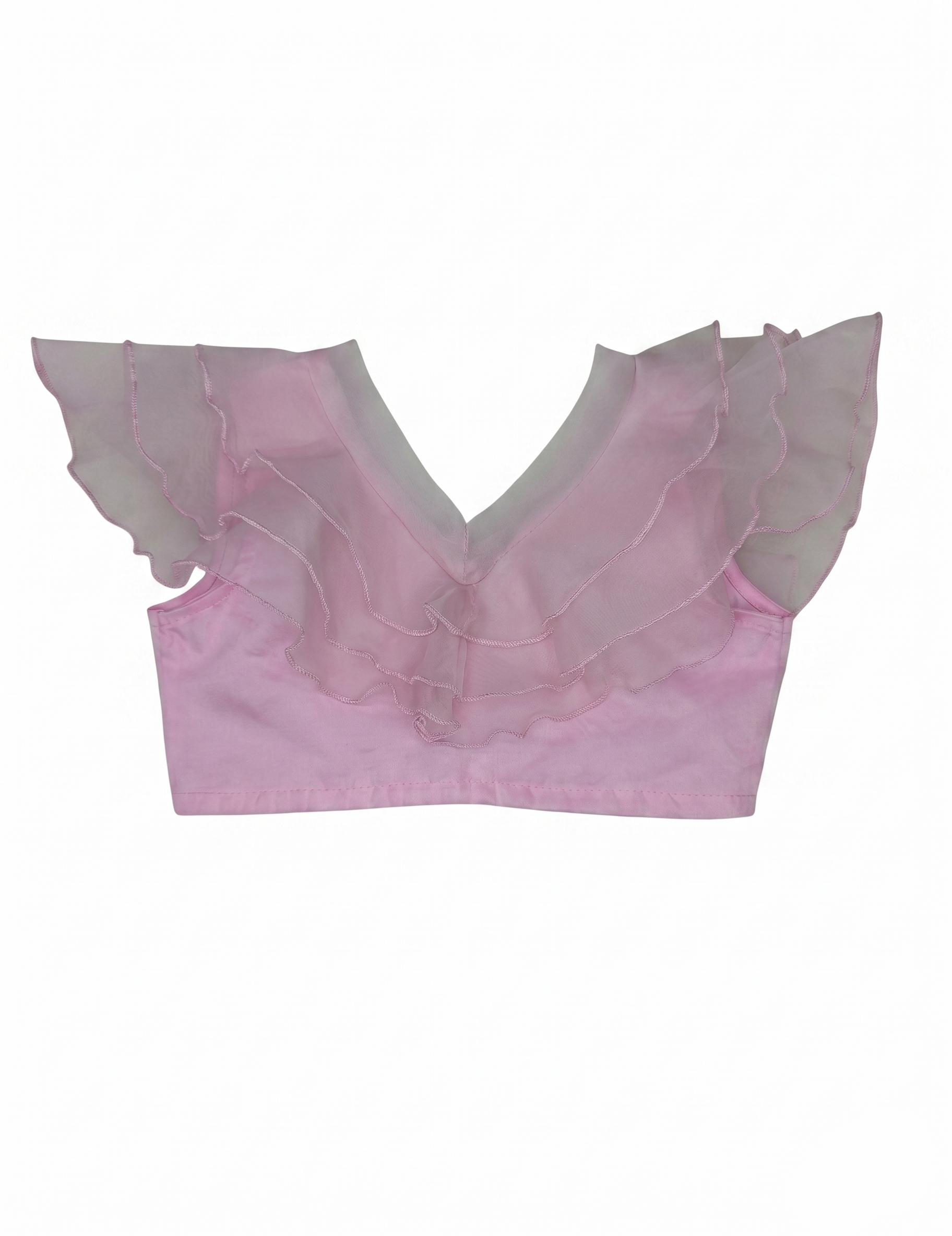 Girls' Pink Ruffled Top and Printed Lehenga Choli with Latkan Accents