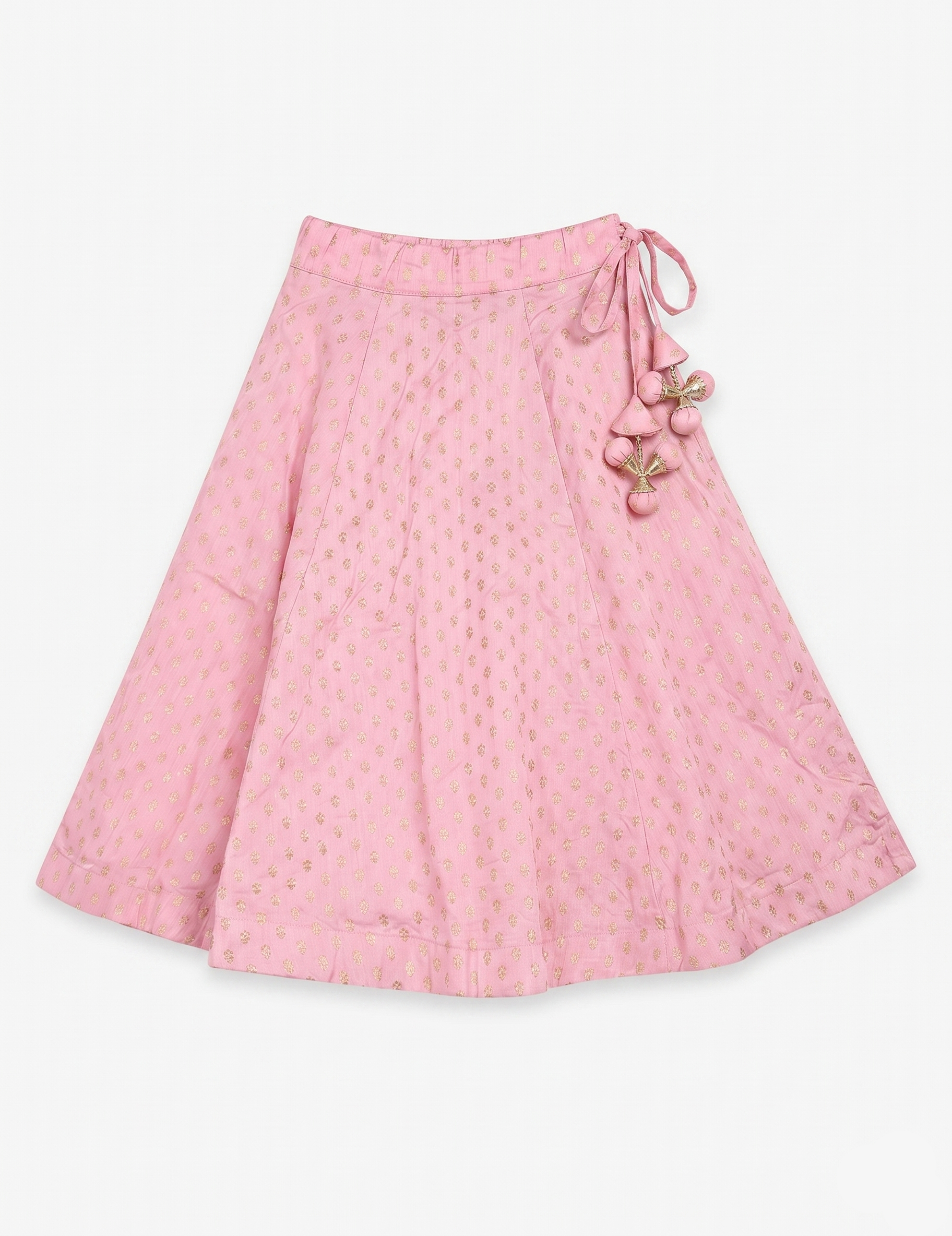 Girls' Pink Ruffled Top and Printed Lehenga Choli with Latkan Accents