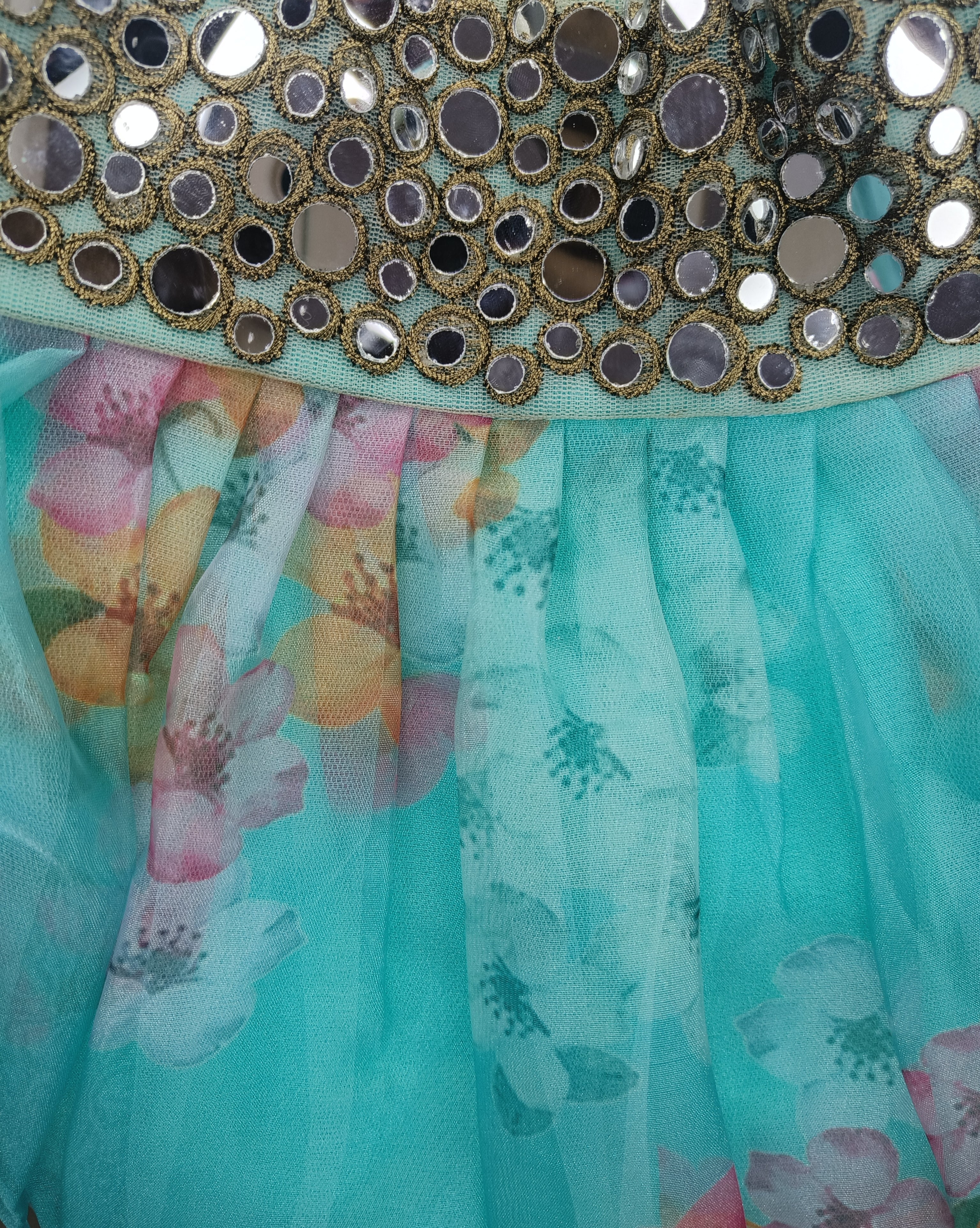 Aqua Blue Printed Lehenga Set with Shimmer Choli & Mirror Border