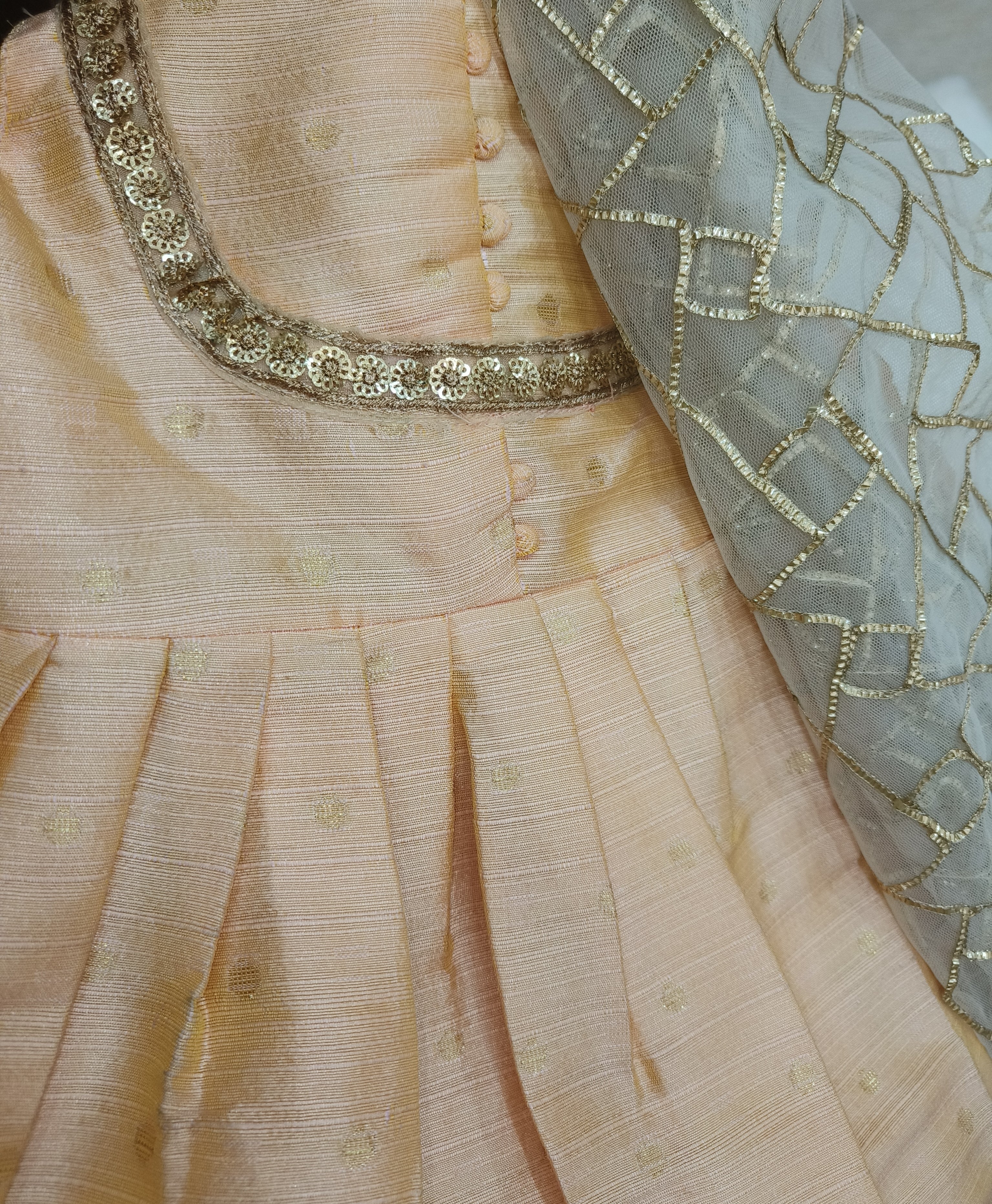 Girls Peach Party Wear Gown | Kids Silk Indian Ethnic Dress with Silver Dupatta