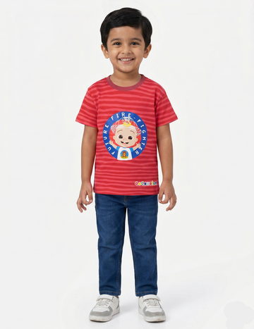Kids' CoComelon "Future Fire-Fighter" Red Striped Graphic T-Shirt